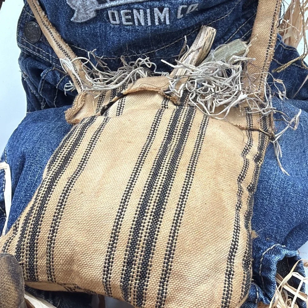 Vintage Primitive Handmade Grungy Scarecrow Doll Folk Art Fall Oshkosh Overalls
